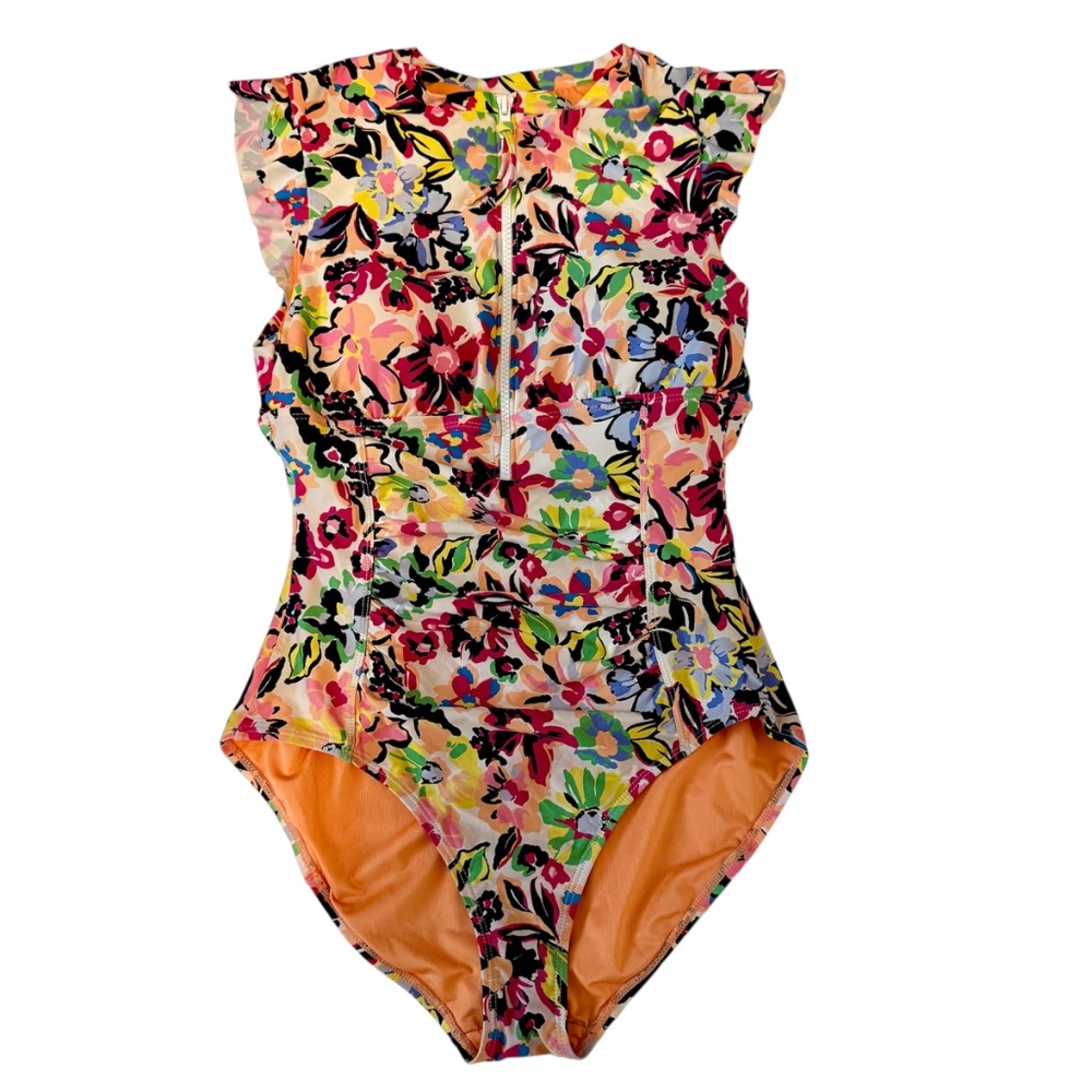 Anne Cole Sun Blossom Flutter Sleeve Zip Up One Piece Swimsuit Size 8 - Picture 2 of 14